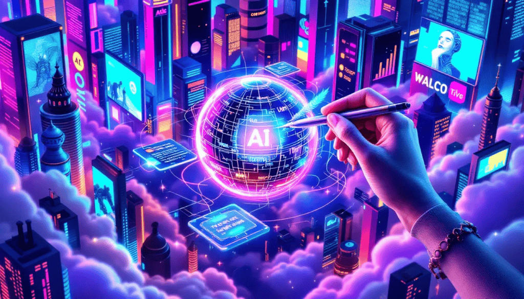 An illustration representing an AI story generator in action, showcasing a blend of technology and creativity.